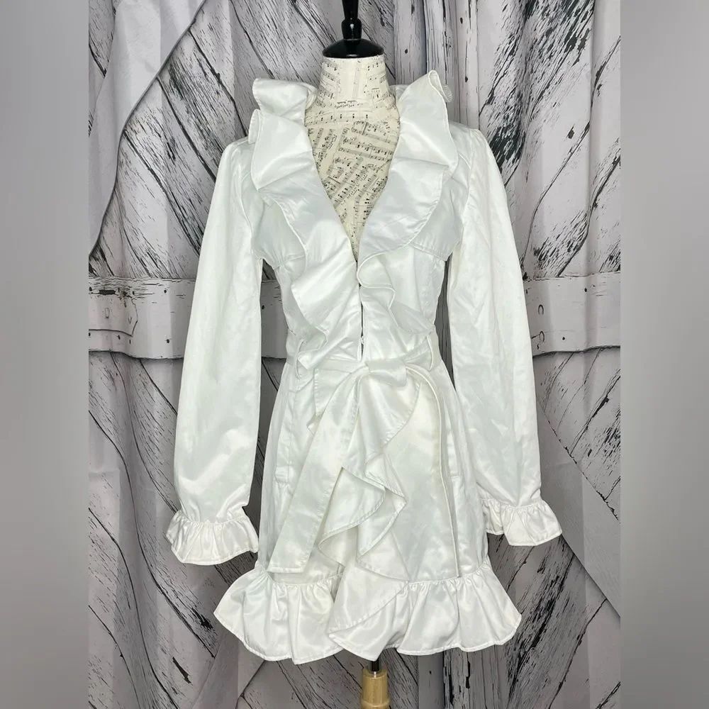 Bebe Ruffle Trench Coat Belted White Small